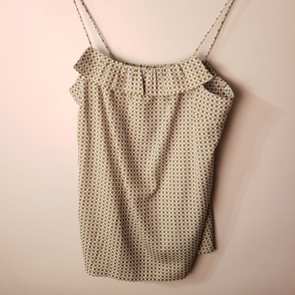 Cream ruffle top tank with yellow and‎ blue print.  size 6 Spaghetti straps